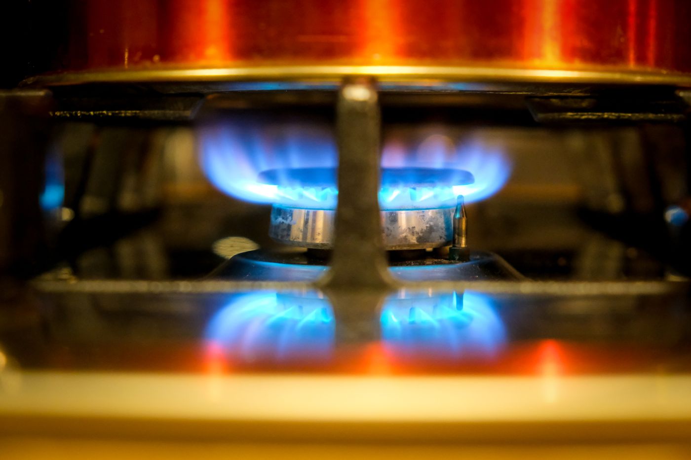 The blue flame of a domestic gas burner.
